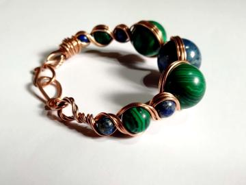 Bracciale artigianale in rame e pietre di malachite e lapislazzulo