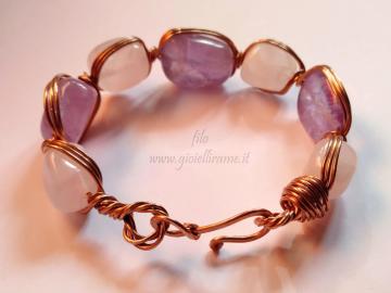 Bracciale artigianale in rame ametista e quarzo rosa